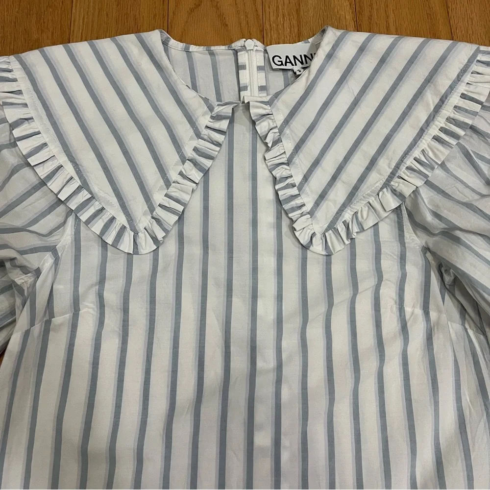 Ganni Blue and White Striped Balloon Sleeve Dress - Picture 5 of 12